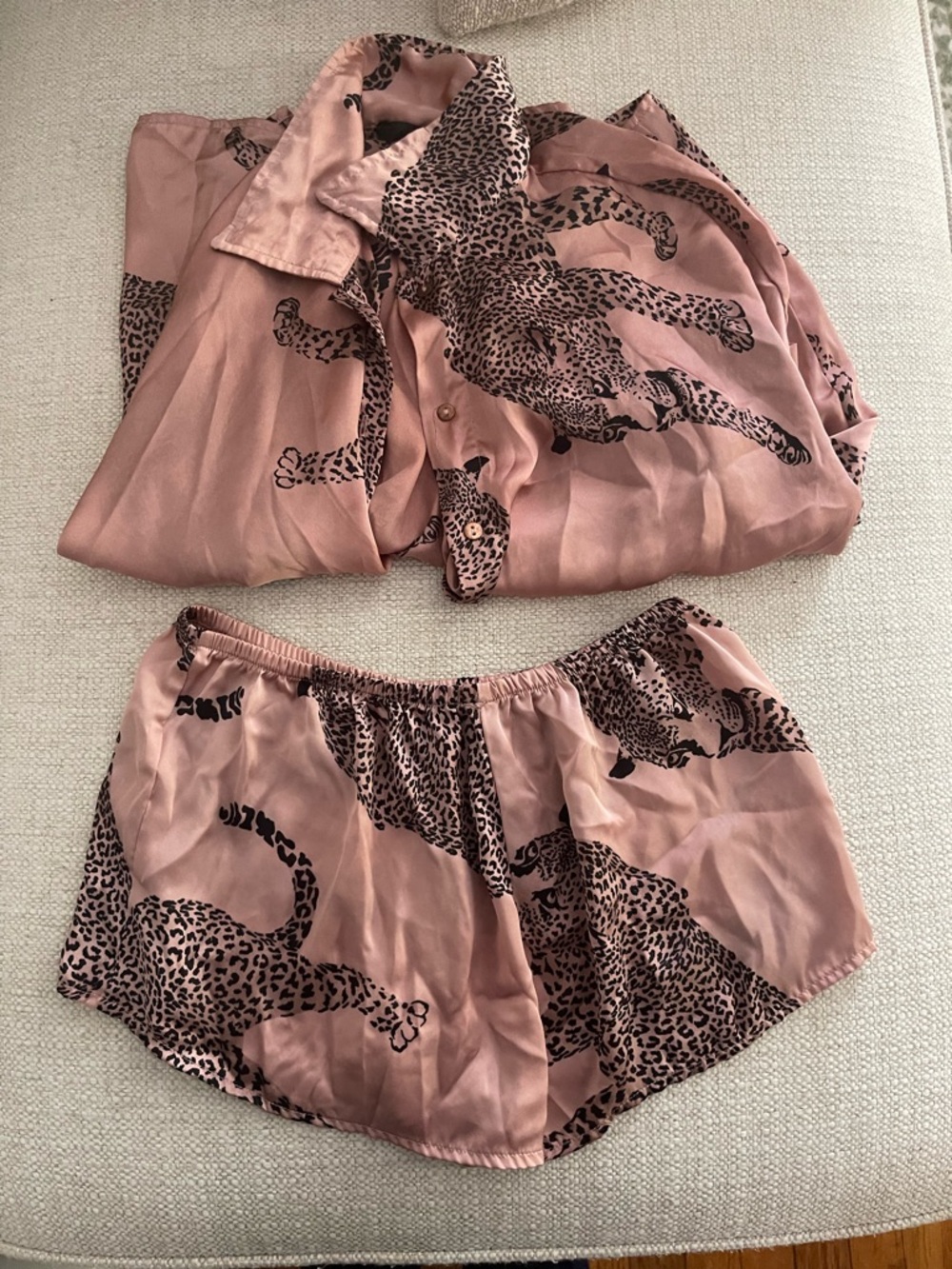 Women's Pink Leopard Print Satin Pajama Set